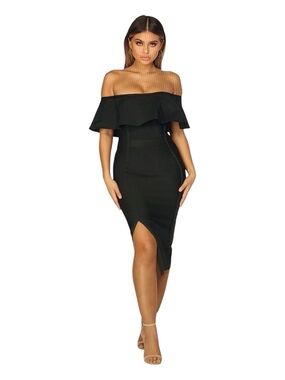Fashion Nova Black Off-Shoulder Ruffle Midi Dress